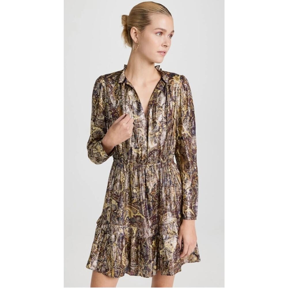 NWT BA&SH Capi Lady Metallic Lame Paisley Ruffle Puff  Cocktail Dress Size Large